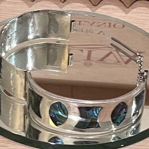 Silver and Blue Abalone Cuff Bracelet with pin locking marked W Rolff 835 silver